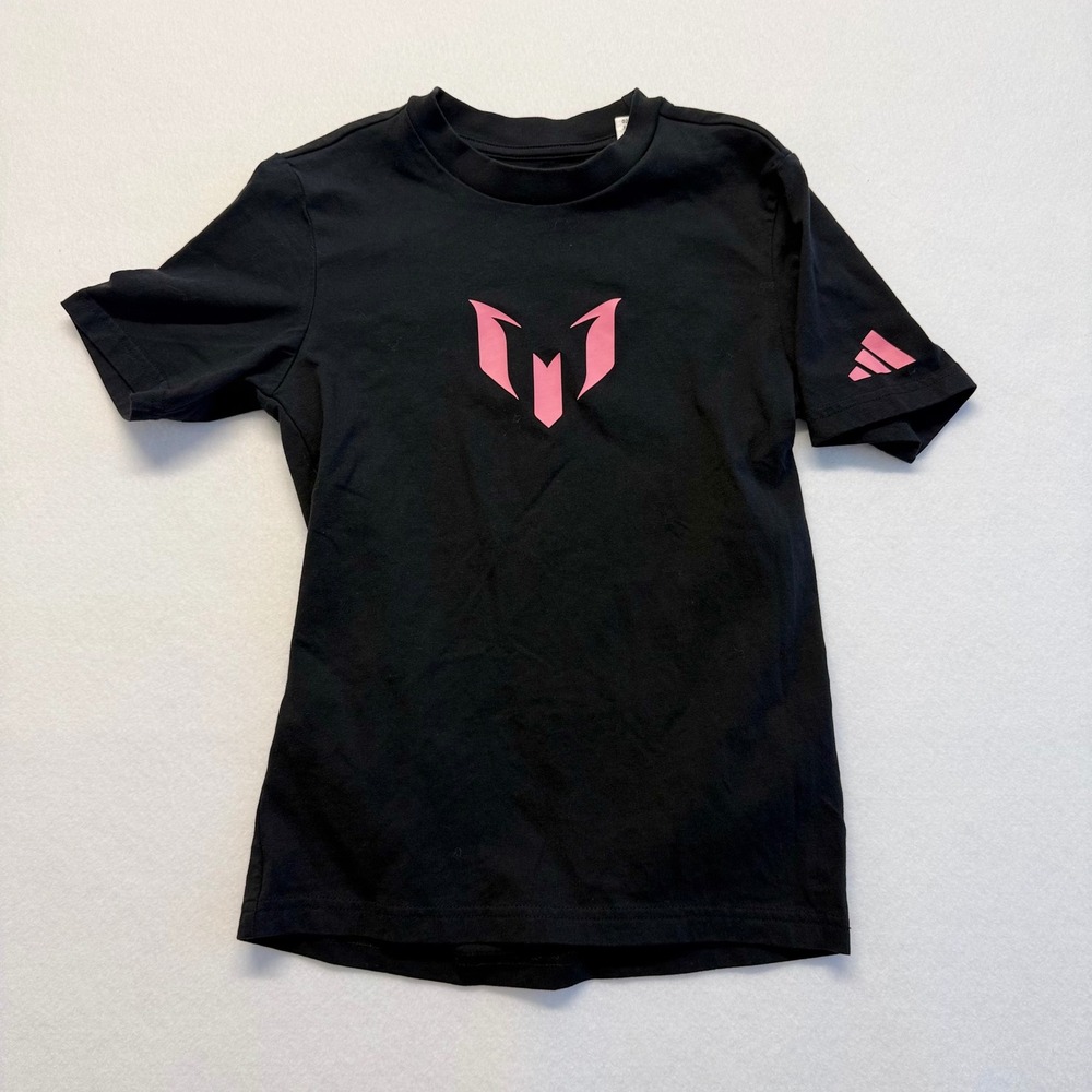 Adidas Messi Graphic T-Shirt Kids Size S 9-10Y Black Pink Excellent Soccer Tee